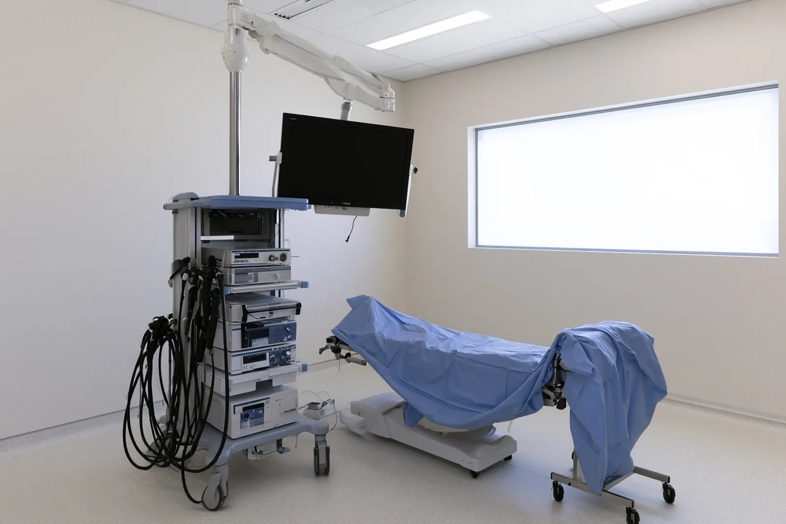 Une tour d'endoscopie et un moniteur dans une salle d'intervention