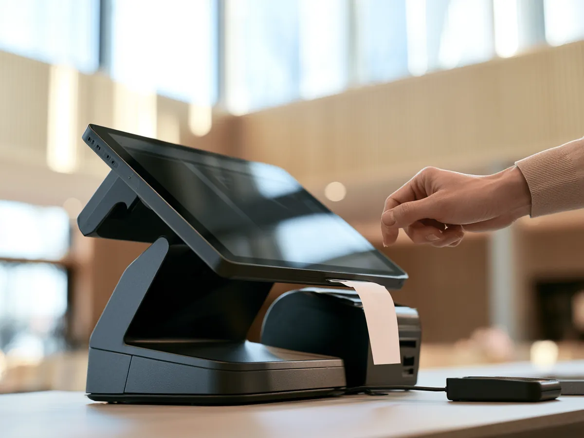 A point-of-sale raffle terminal printing a ticket at a community kiosk